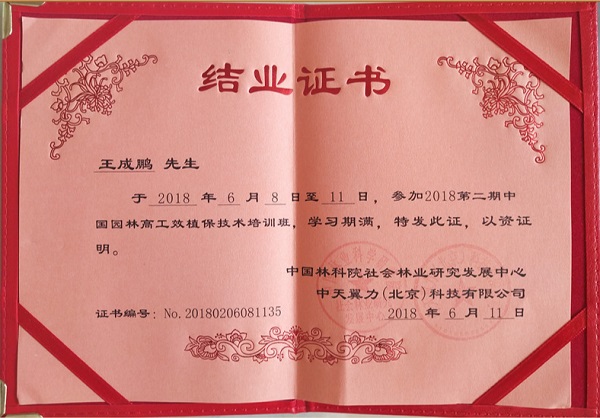 中國園林高工效植技術培訓結業證書